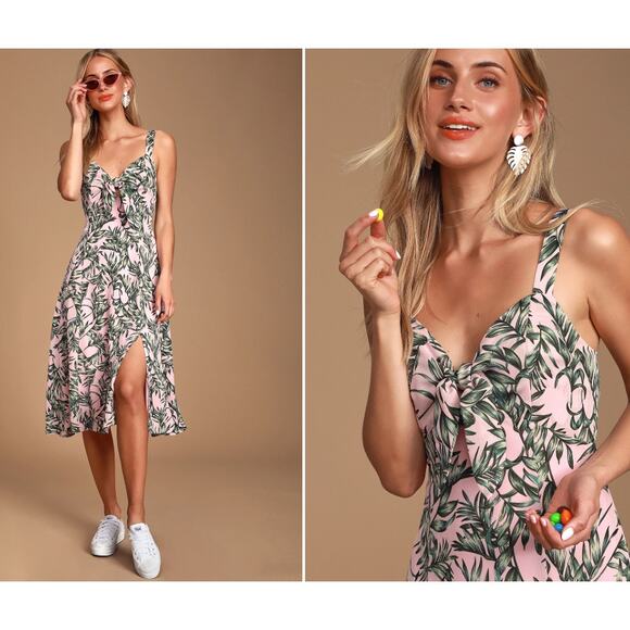 La Paz Pink and Green Leaf Print Tie-Front Midi Dress Size Medium Wedding Guest - Picture 1 of 10